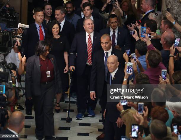 House Republican Whip Steve Scalise uses crutches after returning to the Capitol Hill for the first time after being shot in June at a congressional...