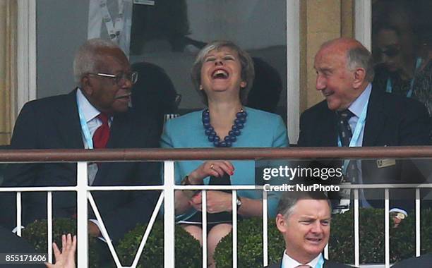 Prime Minister Theresa May with Sir Trevor McDonald during 4th Royal London One Day International Series match between England and West Indies at The...