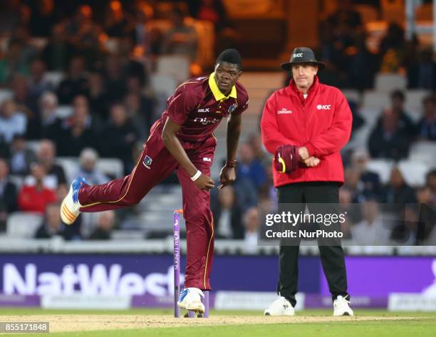 Alzarri Joseph of West Indies during 4th Royal London One Day International Series match between England and West Indies at The Kia Oval, London on...