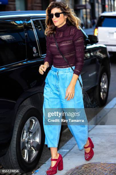 Actress Jennifer Esposito enters the "AOL Build" taping at the AOL Studios on September 28, 2017 in New York City.