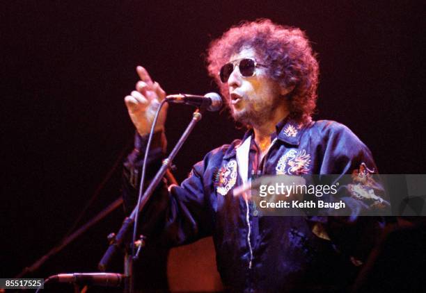Photo of Bob DYLAN, Bob Dylan performing on stage, sunglasses