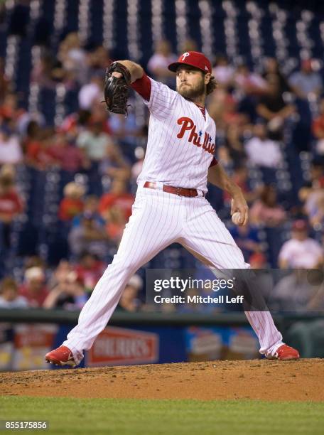 Kevin Siegrist of the Philadelphia Phillies pitches against the Los Angeles Dodgers at Citizens Bank Park on September 20, 2017 in Philadelphia,...