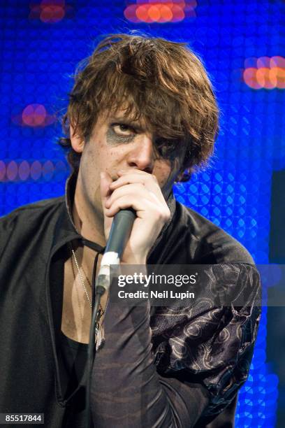 Photo of KLAXONS and Jamie REYNOLDS, Jamie Reynolds performing on stage as part of the Shockwaves NME Awards 2008 Big Gig