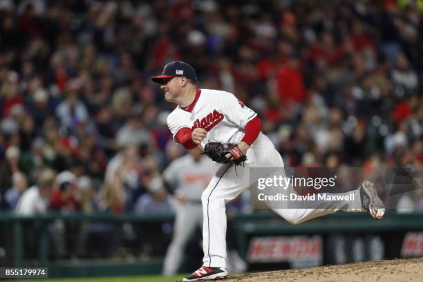 Joe Smith of the Cleveland Indians pitches against the Baltimore Orioles in the seventh inning at Progressive Field on September 10, 2017 in...