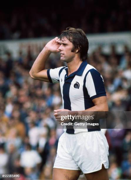 West Brom striker Geoff Hurst reacts during one of his 12 appearances for the club at the start of the 1975/76 season in Birmingham, England.