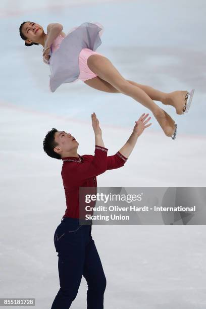 Yuyao Zahng and Ziqi Jia of China performs in the Junior Pairs Short Program during day two of the ISU Junior Grand Prix of Figure Skating at Dom...