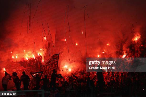 The fan of FC Koeln show their support during the UEFA Europa League group H match between 1. FC Koeln and Crvena Zvezda at RheinEnergieStadion on...