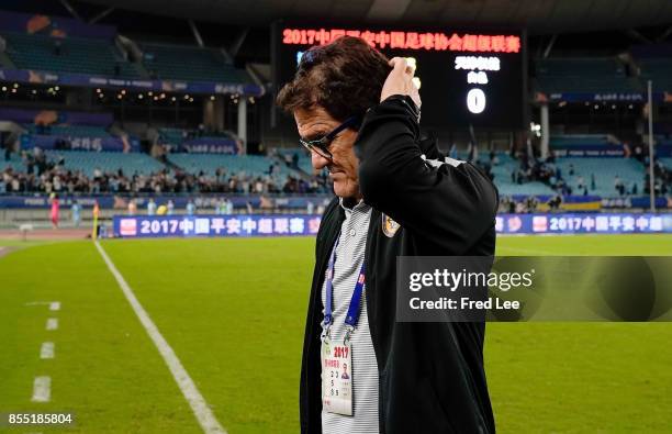 Jiangsu FC head Coach Fabio Capello looks on dejected after the China Super League match between Jiangsu FC and Tianjin Quanjian FC at Nanjing...