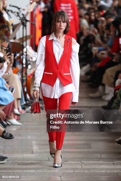 Model walks the runway during the Each X Other show as part of the Paris Fashion Week Womenswear Spring/Summer 2018 on September 28, 2017 in Paris,...