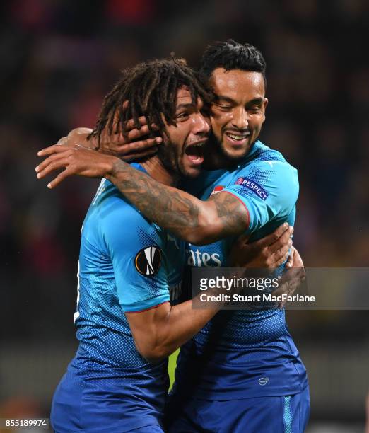 Theo Walcott celebrates scoring the 2nd Arsenal goal with Mohamed Elneny during the UEFA Europa League group H match between BATE Borisov and Arsenal...