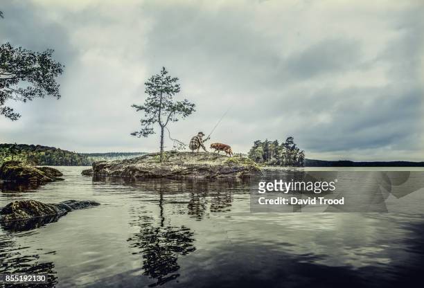 middle aged man fishing in sweden - david trood stock pictures, royalty-free photos & images