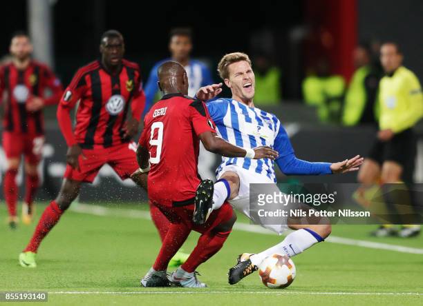 Alhaji Gero of Ostersunds FK and Sebastian Langkamp of Herta Berlin SC competes for the ball during the UEFA Europa League group J match between...