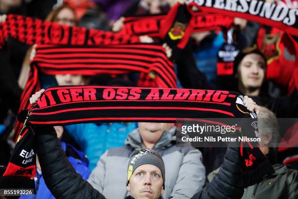 Fans of Ostersunds FK during the UEFA Europa League group J match between Ostersunds FK and Hertha BSC at Jamtkraft Arena on September 28, 2017 in...