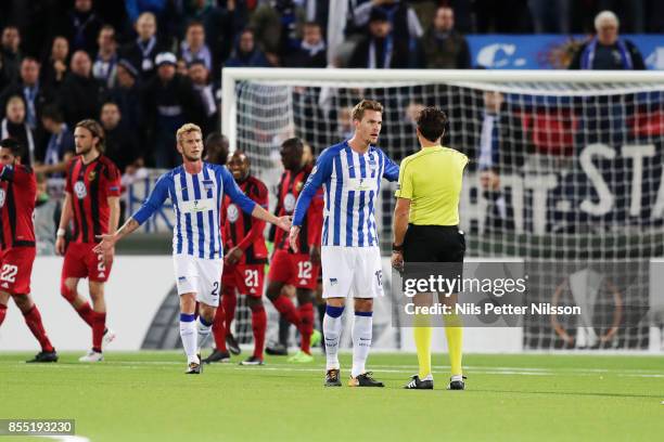 Sebastian Langkamp of Herta Berlin SC in discussion with Luca Banti, referee, during the UEFA Europa League group J match between Ostersunds FK and...