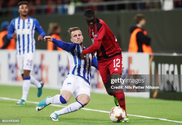 Peter Pekarik of Herta Berlin SC and Ken Sema of Ostersunds FK competes for the ball during the UEFA Europa League group J match between Ostersunds...