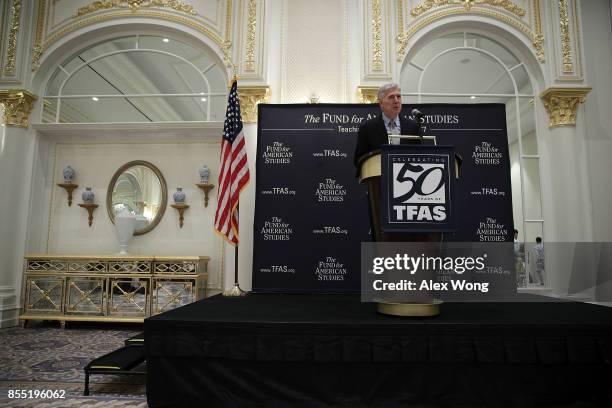 Supreme Court Justice Neal Gorsuch speaks during an event hosted by The Fund for American Studies September 28, 2017 at Trump International Hotel in...