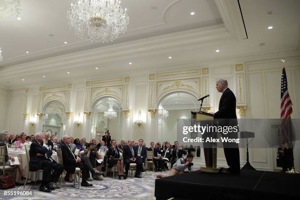 Supreme Court Justice Neal Gorsuch speaks during an event hosted by The Fund for American Studies September 28, 2017 at Trump International Hotel in...