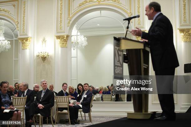 Supreme Court Justice Neal Gorsuch listens as Clint Bolick , associate justice of the Arizona Supreme Court speaks during an event hosted by The Fund...