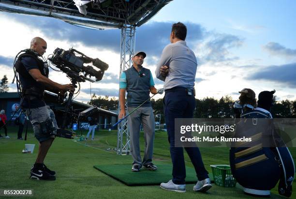 Sergio Garcia of Spain takes part in a live televised Sky Master Class with Nick Dougherty of Sky Sports during the first day of the British Masters...