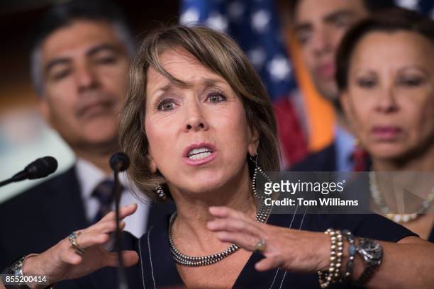 Rep. Michelle Lujan Grisham, D-N.M., speaks during a news conference in the CVC with House democrats to call for immediate assistance for victims of...