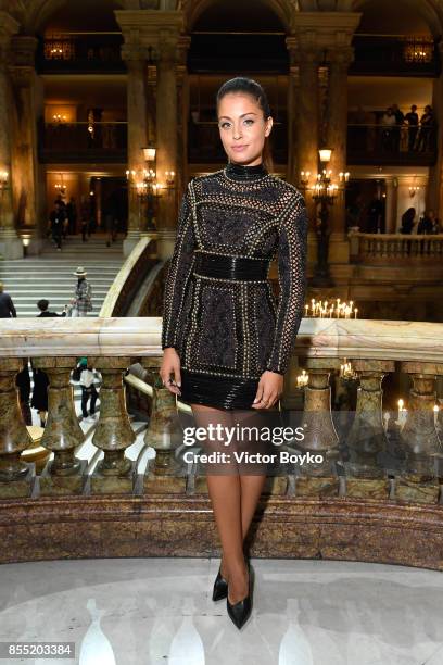 Hiba Abouk attends the Balmain show as part of the Paris Fashion Week Womenswear Spring/Summer 2018 on September 28, 2017 in Paris, France.
