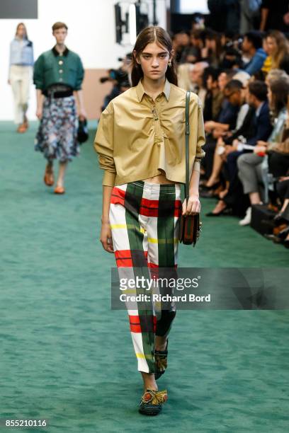 Model walks the runway during the Carven show as part of Paris Fashion Week Womenswear Spring/Summer 2018 on September 28, 2017 in Paris, France.