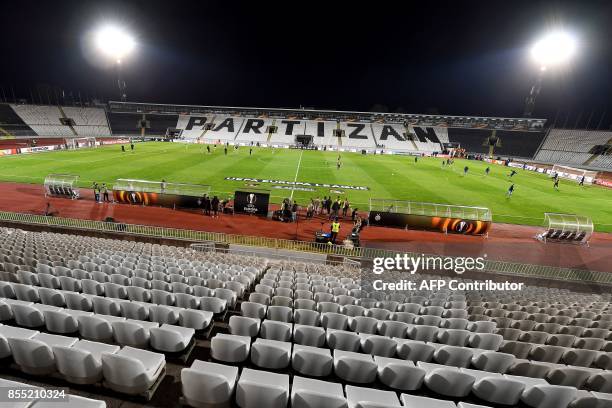 Picture taken on September 28, 2017 shows the empty FK Partizan stadium in Belgrade ahead of the UEFA Europa League match between Partizan Belgrade...