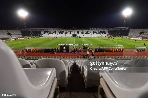 Picture taken on September 28, 2017 shows the empty FK Partizan stadium in Belgrade ahead of the UEFA Europa League match between Partizan Belgrade...