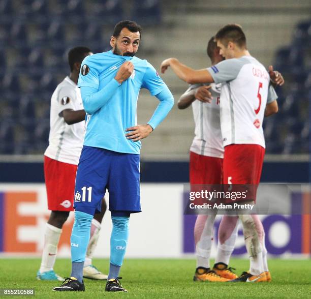 Kostas Mitroglou of Marseille is dejected after losing the UEFA Europa League group I match between RB Salzburg and Olympique Marseille at Red Bull...