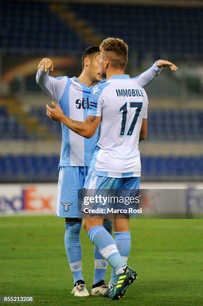 Ciro Immobile of SS Lazio celebrates a second goal with his team mates during the UEFA Europa League group K match between SS Lazio and SV Zulte...