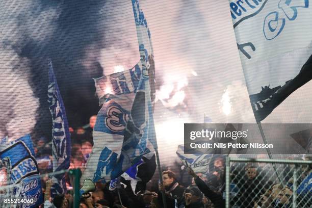 Fans of Herta Berlin SC during the UEFA Europa League group J match between Ostersunds FK and Hertha BSC at Jamtkraft Arena on September 28, 2017 in...