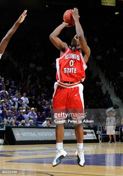 Osiris Eldridge of the Illinois State Redbirds puts up a shot during a first round NIT game against the Kansas State Wildcats on March 18, 2009 at...