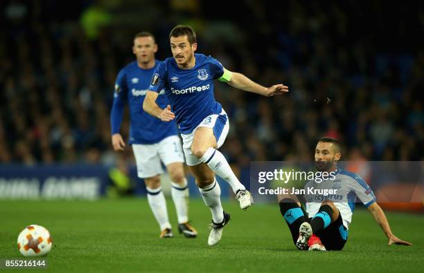 Leighton Baines of Everton and Anonio Jakolis of Apollon Limassol in action during the UEFA Europa League group E match between Everton FC and...