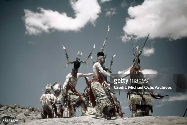S: Dancers from the Mescalero Apache tribe participate in the Devil Dance during the Inter-Tribal Indian Ceremonial circa late 1940's in Gallup, New...