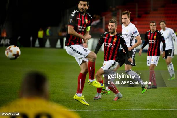Rosenborg's Anders Konradsen shoots and scores the 2-0 goal past Vardar's Boban Grncarov and Hovhannes Hambartsumyan during the UEFA Europa League...