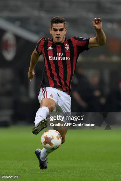 Milan's Portuguese forward Andre Silva controls the ball during the UEFA Europa League football match AC Milan vs HNK Rijeka at the San Siro stadium...