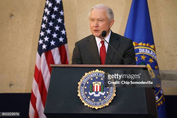 Attorney General Jeff Sessions delivers remarks during the installation of Federal Bureau of Investigation Director Christopher Wray at FBI...