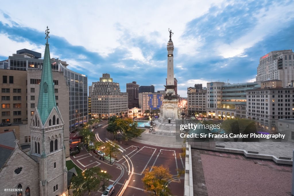 Elevated view of Indiana State's Soldiers and Sailors Monument on Monument Circle, Indiana, USA