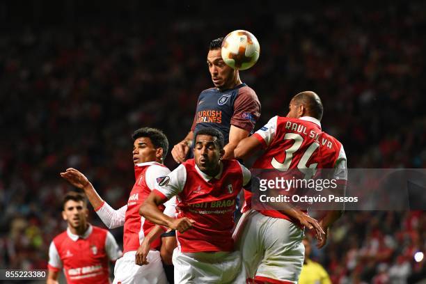 Marcelo Goiano of Sporting Braga competes for the ball with Mevlut Erdinc of Basaksehir F.K. During the UEFA Europa League group C match between...