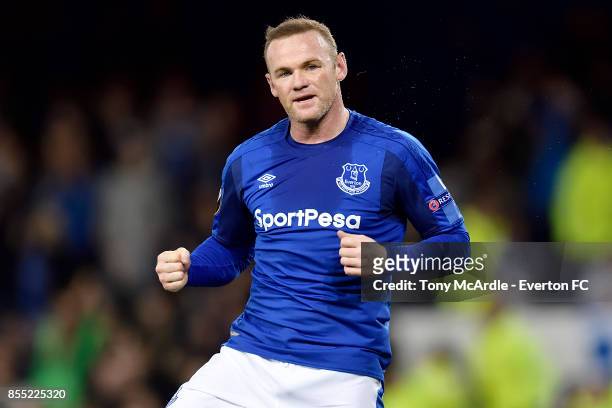 Wayne Rooney celebrates his goal during the UEFA Europa League match between Everton and Apollon Limassol at Goodison Park on September 28, 2017 in...