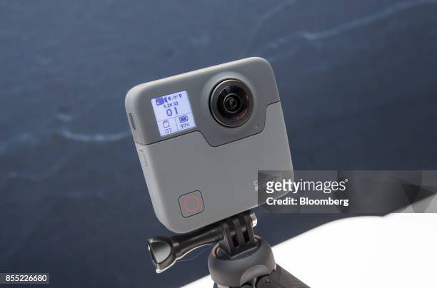 The GoPro Inc. Fusion 360 camera is displayed during an event in San Francisco, California, U.S., on Thursday, Sept. 28, 2017. GoPro unveiled the...