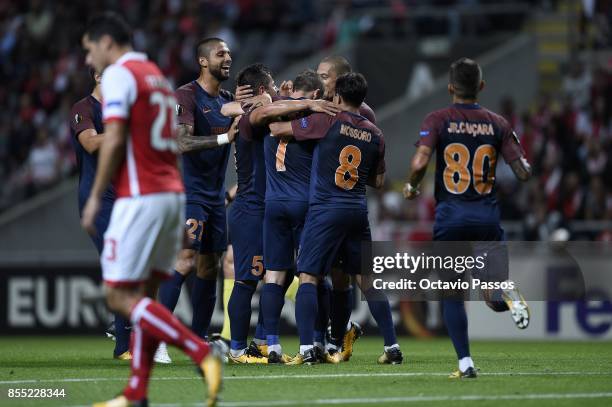Players of Basaksehir F.K. Celebrates after scoring the first goal during the UEFA Europa League group C match between Sporting Braga and Istanbul...