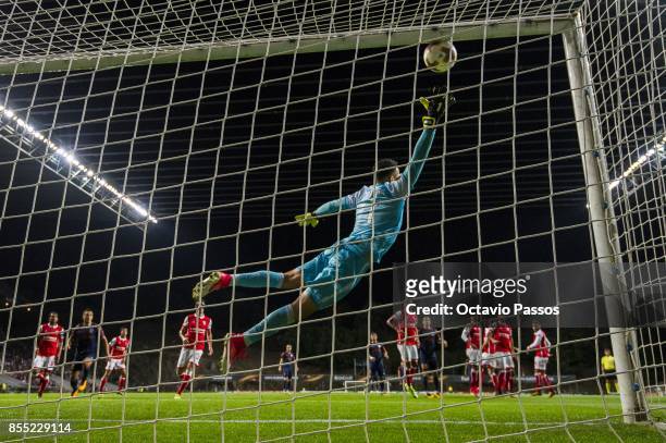 Matheus Magalhaes of Sporting Braga can't stop a goal from Emre Belozoglu of Basaksehir F.K. During the UEFA Europa League group C match between...