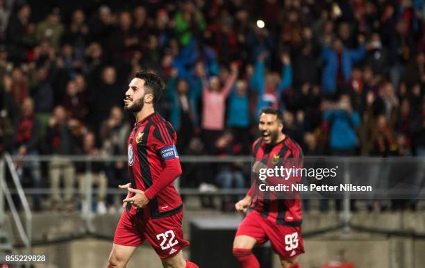 Brwa Nouri of Ostersunds FK celebrates after scoring to 1-0 during the UEFA Europa League group J match between Ostersunds FK and Hertha BSC at...