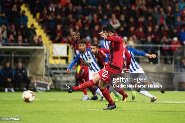 Brwa Nouri of Ostersunds FK scores the decisive goal to 1-0 during the UEFA Europa League group J match between Ostersunds FK and Hertha BSC at...