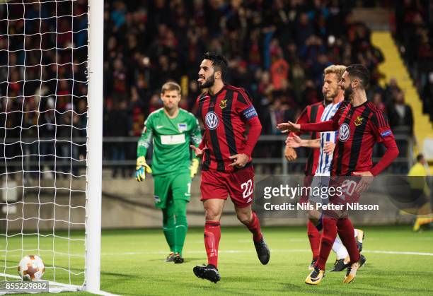 Brwa Nouri of Ostersunds FK celebrates after scoring to 1-0 during the UEFA Europa League group J match between Ostersunds FK and Hertha BSC at...