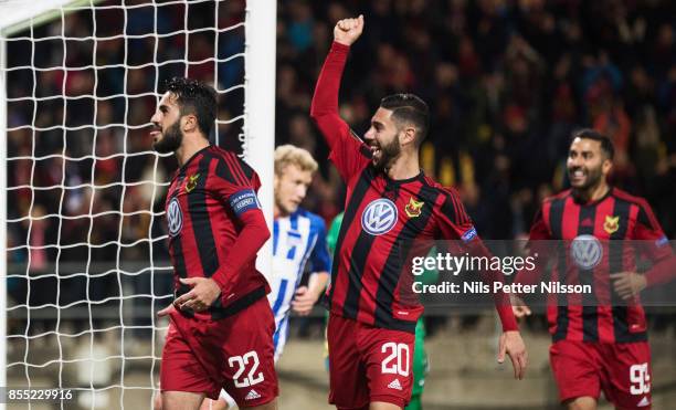 Brwa Nouri of Ostersunds FK celebrates after scoring to 1-0 during the UEFA Europa League group J match between Ostersunds FK and Hertha BSC at...