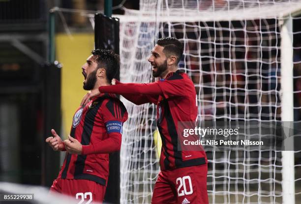 Brwa Nouri of Ostersunds FK celebrates after scoring to 1-0 during the UEFA Europa League group J match between Ostersunds FK and Hertha BSC at...