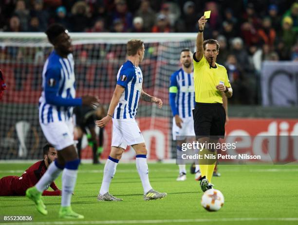 Ondrej Duda of Herta Berlin SC is shown a yellow card by Luca Banti, referee, during the UEFA Europa League group J match between Ostersunds FK and...