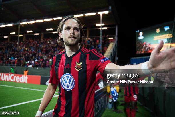 Tom Pettersson of Ostersunds FK celebrates after the victory during the UEFA Europa League group J match between Ostersunds FK and Hertha BSC at...